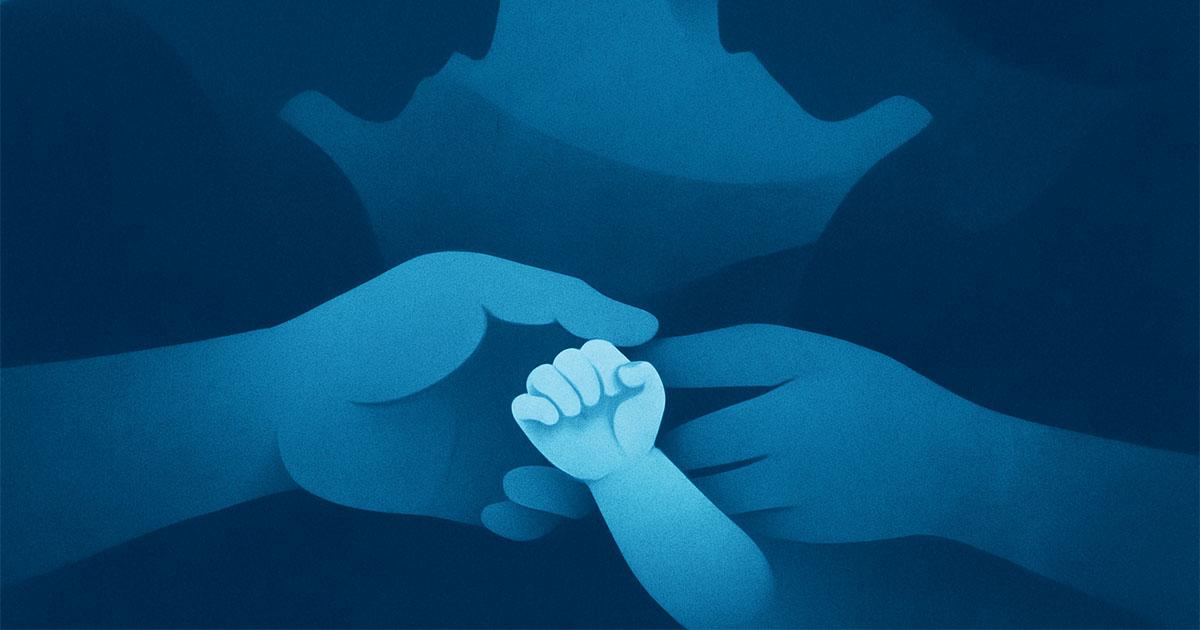 A newborn baby’s hand held by the parents – abstract blue-toned illustration