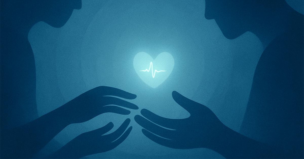 Abstract illustration in bluish tones: silhouettes of two parents’ hands reaching toward a glowing heart with a tiny heartbeat inside – symbolizing pregnancy and hope
